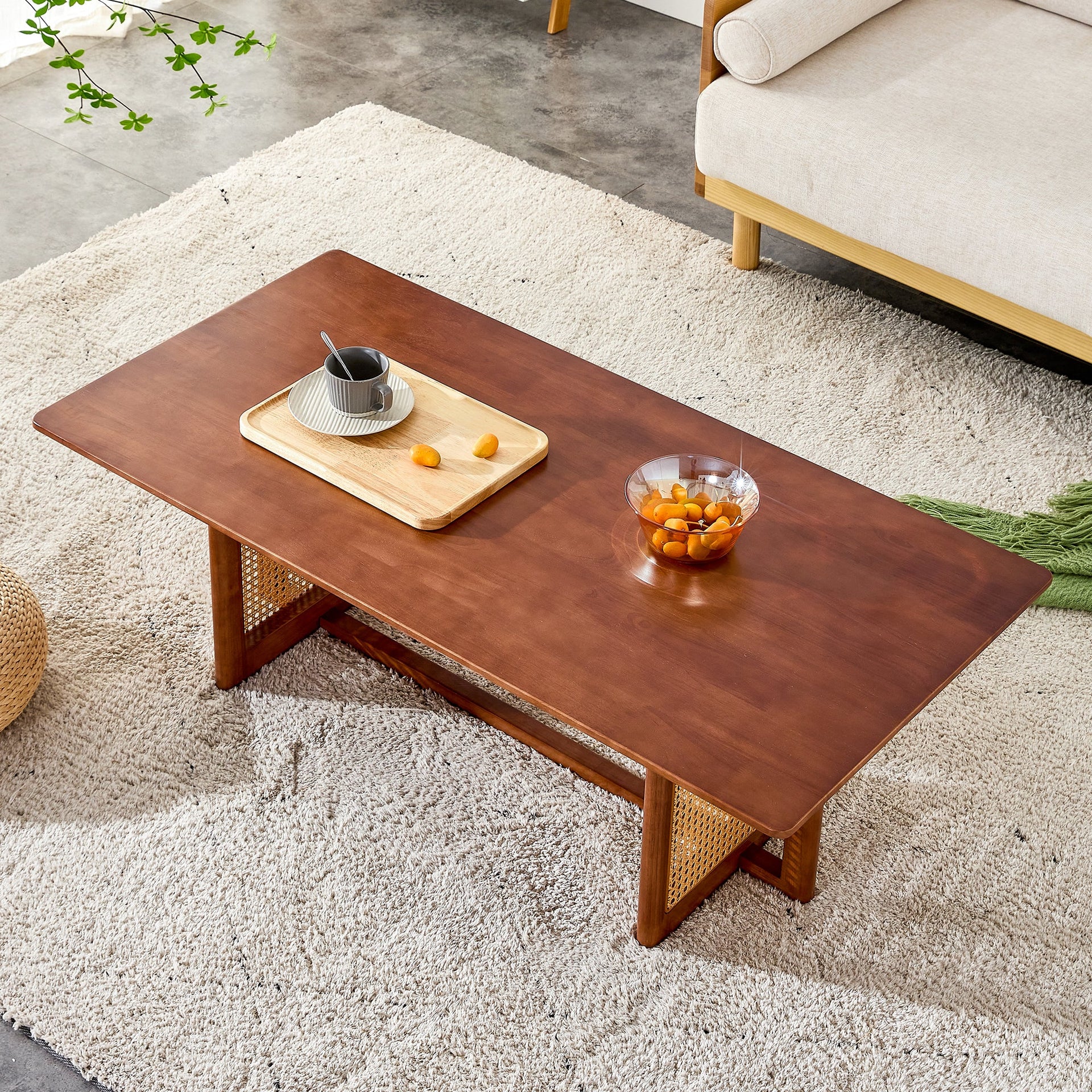 Natural Rubberwood and Solid Wood Coffee Table with Rattan Weave, Modern Minimalist