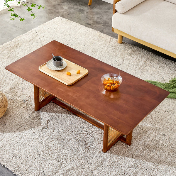 Natural Rubberwood and Solid Wood Coffee Table with Rattan Weave, Modern Minimalist