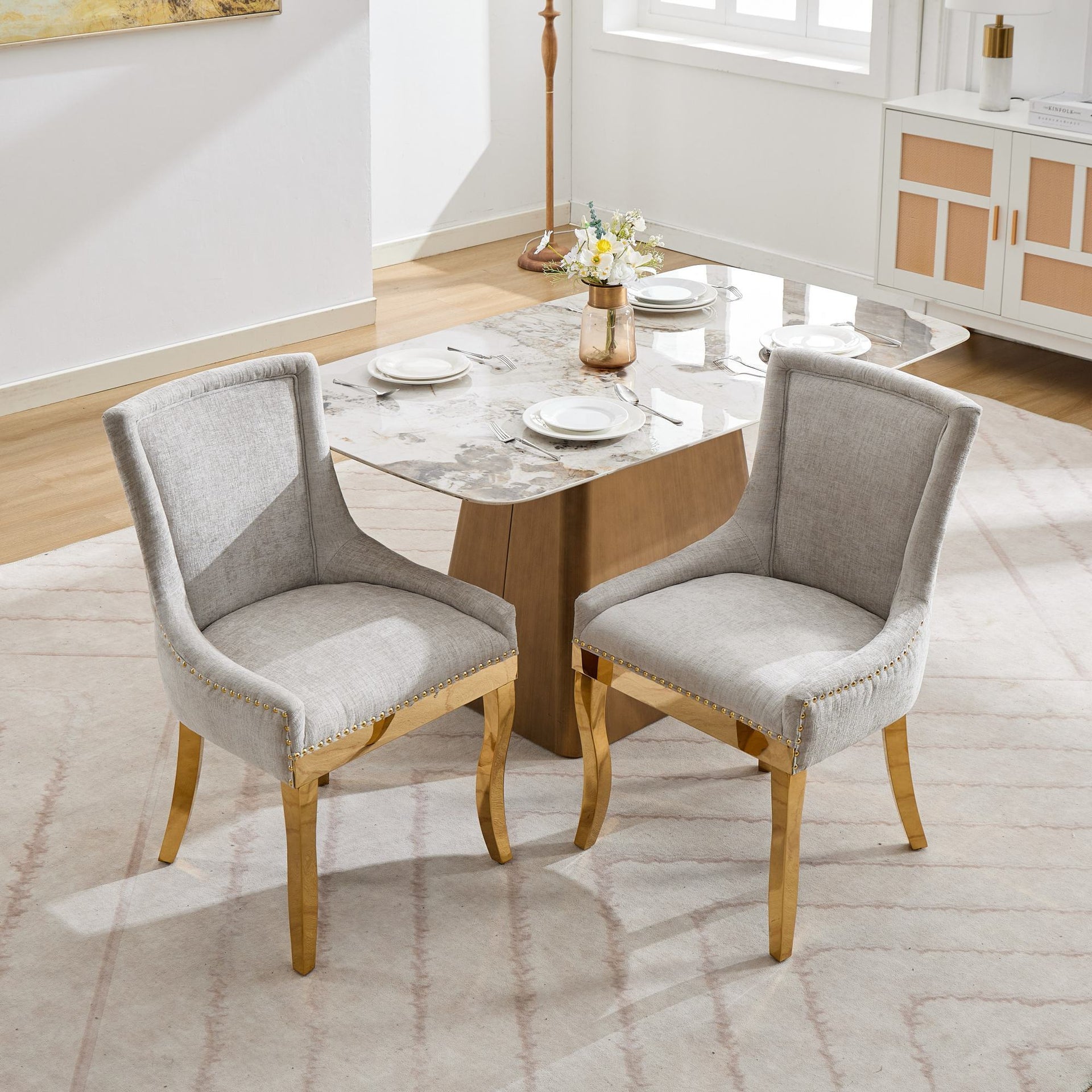 Chenille Dining Chairs Modern Style with Curved Gold-Plated Legs & Rivet Trim
