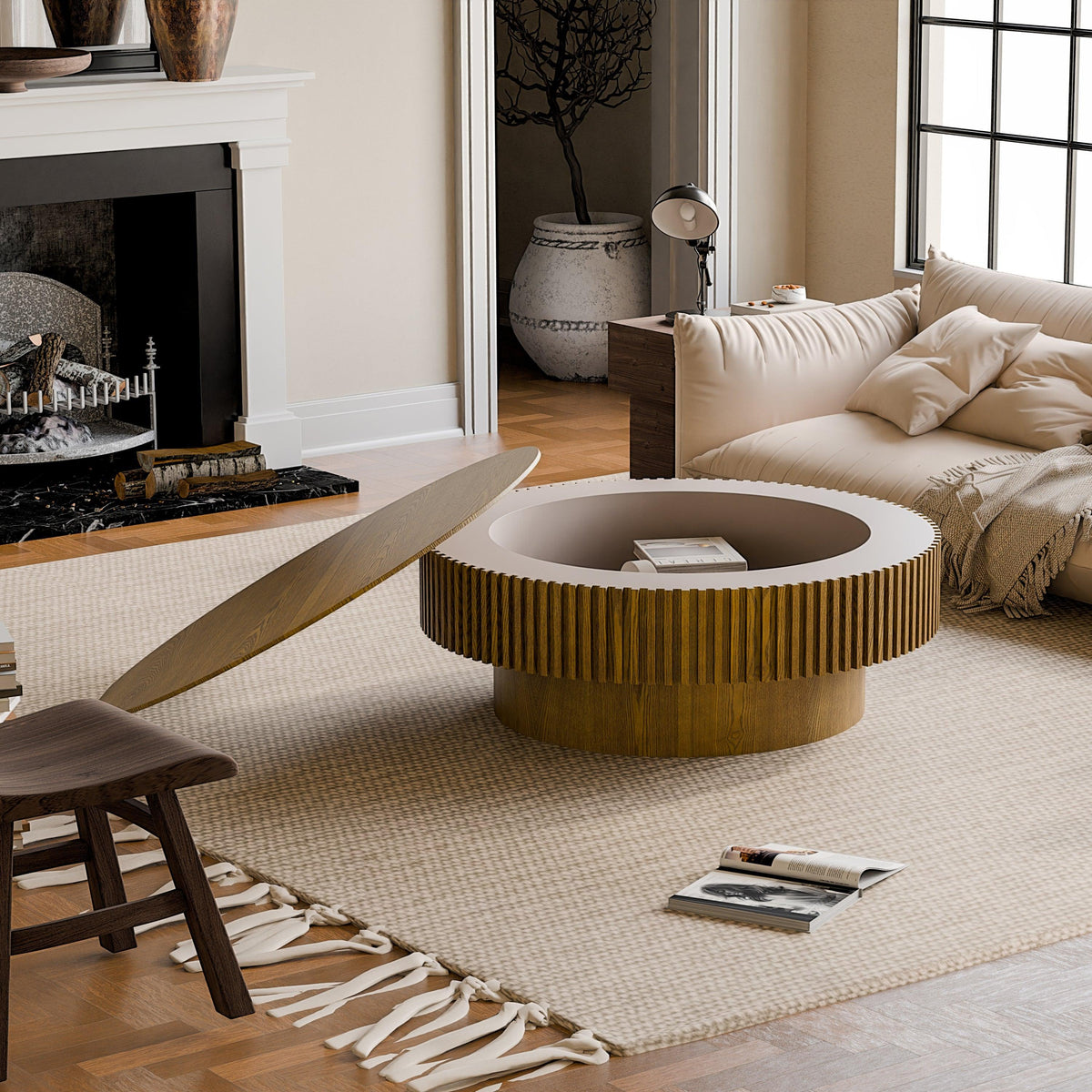Modern Brown Round Mushroom Coffee Table with Hidden Storage