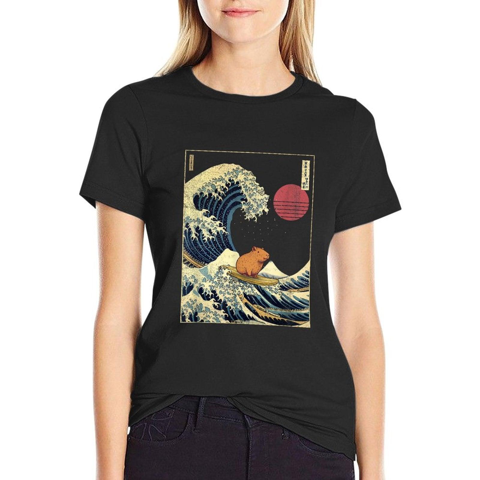 Capybara Japanese Kanagawa Wave Funny Surf Animal  Easy-care T-Shirt