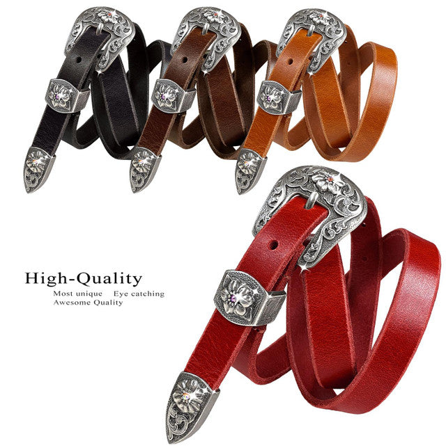Western Leather Rhinestone Antique Floral Engraved Buckle Belt