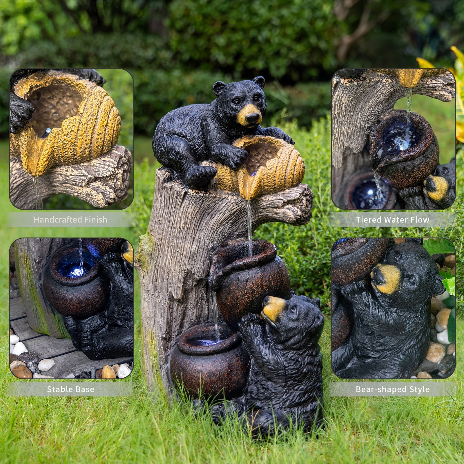 Resin Black Bear Outdoor Water Fountain with LED Lights