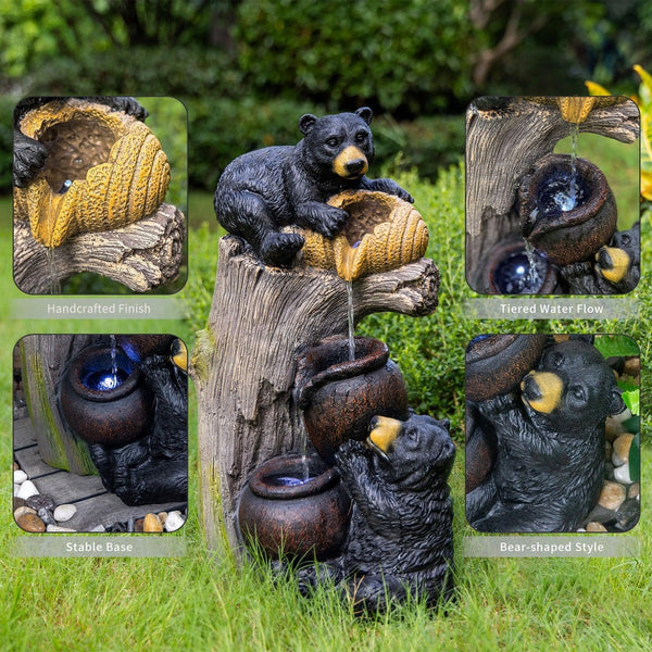 Resin Black Bear Outdoor Water Fountain with LED Lights
