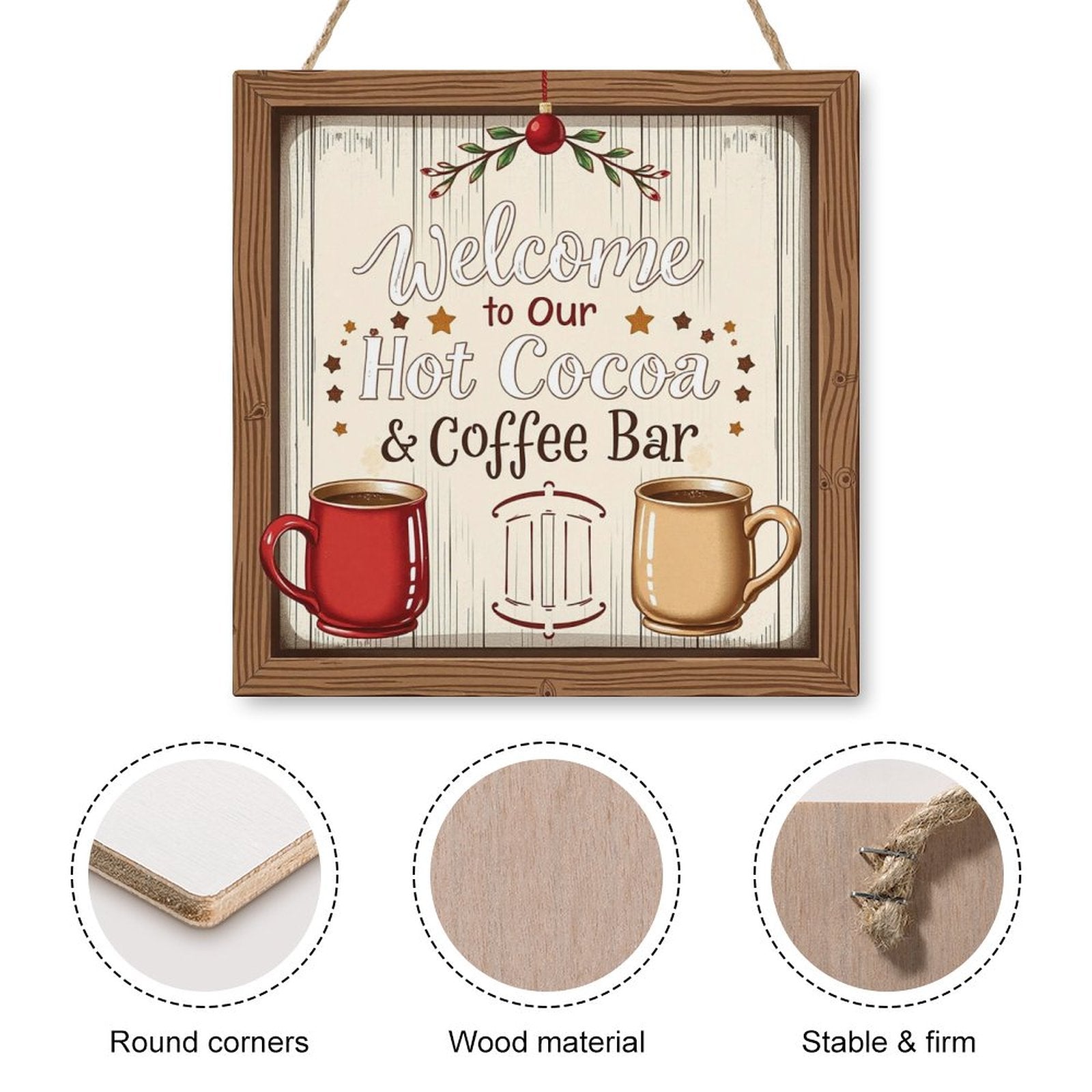 Welcome Coffe Bar Christmas Hot Cocoa Sign Square Wood Wall Decor Hanging Sign-12