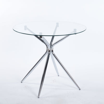 Modern Chrome Metal Leg Dining Table with Tempered Glass Top, Space-Saving Kitchen Table for Living Room, Chrome Color, 35.43 x 35.43 x 29.13 Inches