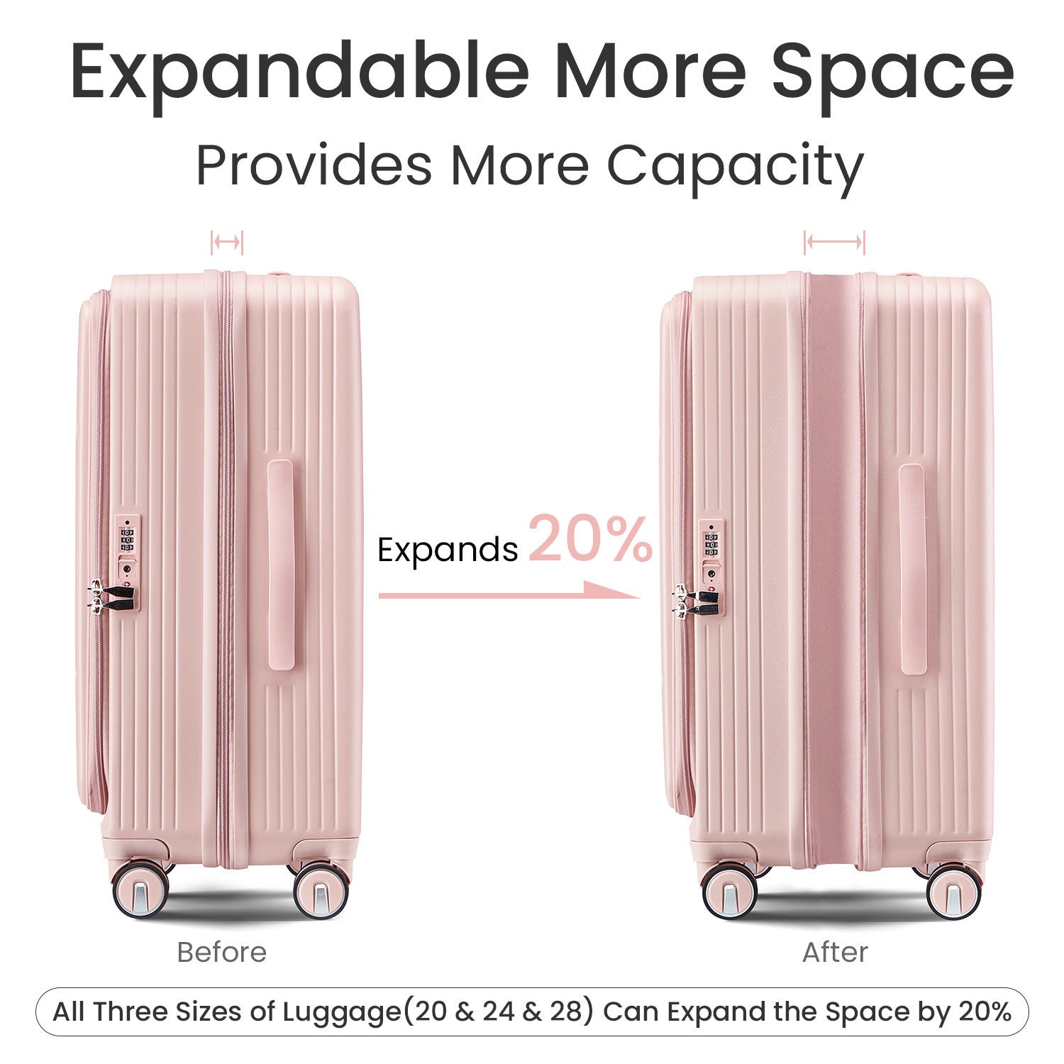 Luggage Sets 3 Piece(20/24/28), Expandable Carry On Luggage with TSA Lock Airline Approved, 100% PC Hard Shell and Lightweight Suitcase with Front Pocket and Spinner Wheels