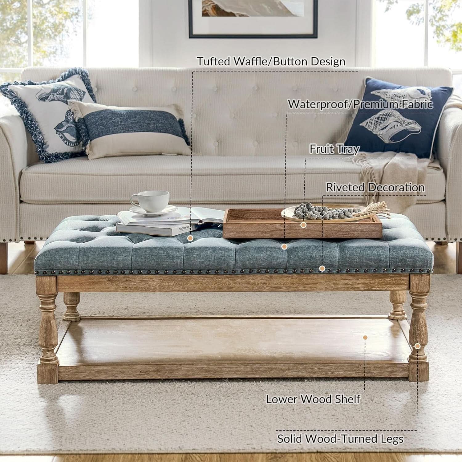 Blue Rectangular Upholstered Ottoman Coffee Table Tray