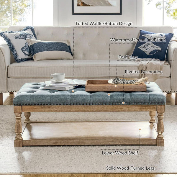 Blue Rectangular Upholstered Ottoman Coffee Table Tray