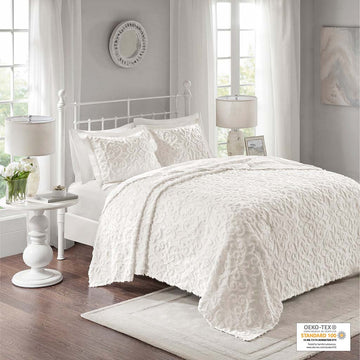 Sabrina 3 Piece Tufted Cotton Chenille Bedspread Set - Off White