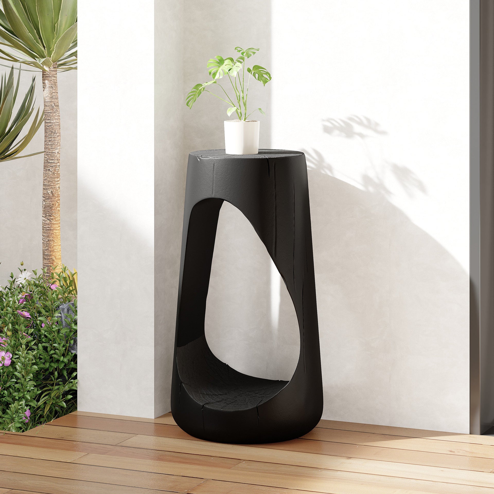 Hollow Design End Table with Wood Like Texture, and Black Color