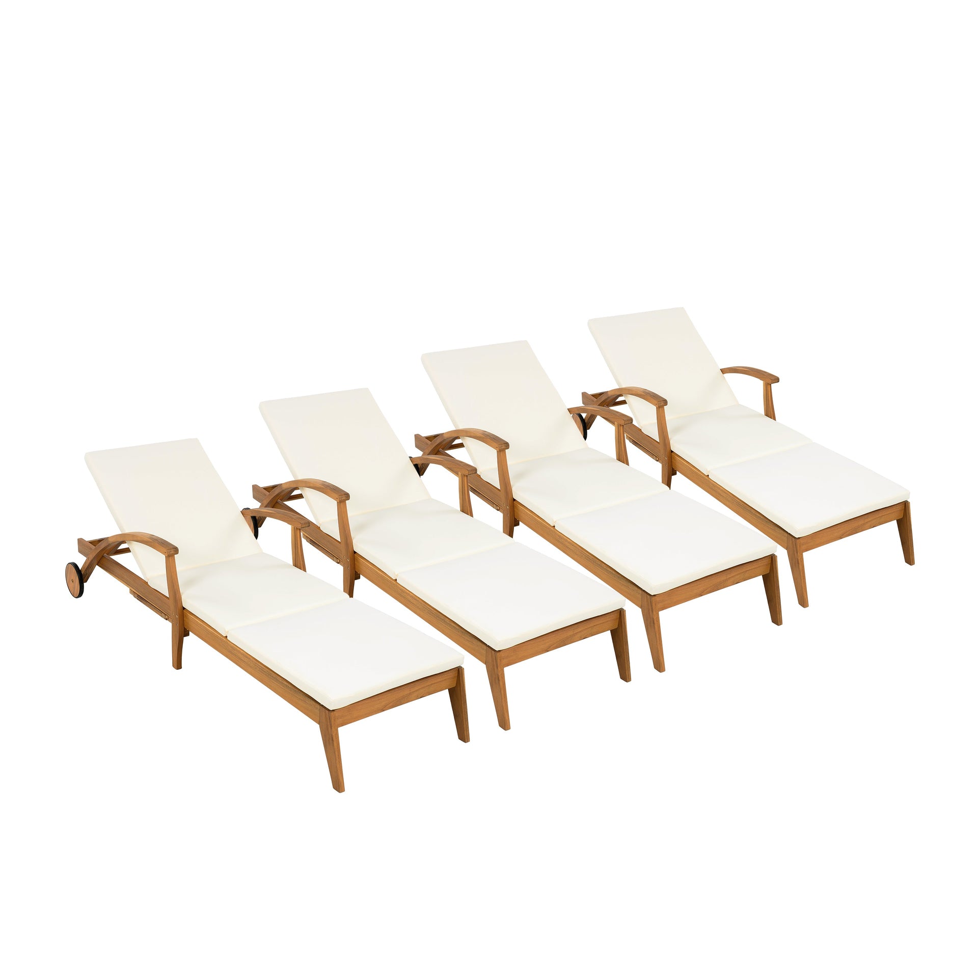 Versatile Chaise Lounge with Wheels - Acacia Wood Recliner for Patio, Cream Cushion, Adjustable Backrest