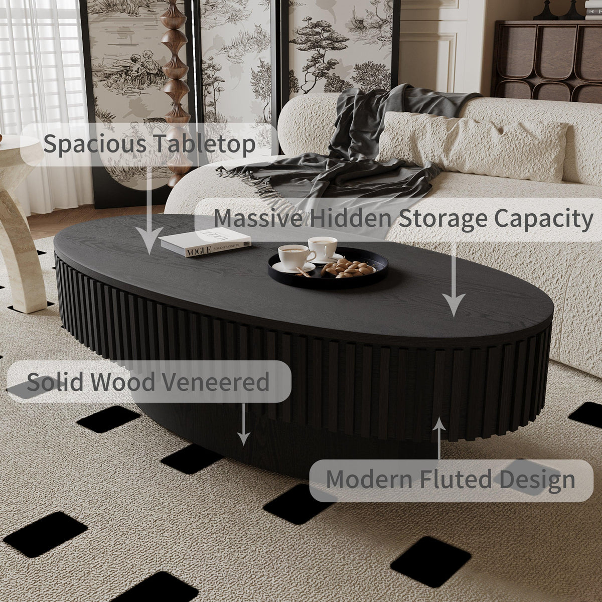 Modern Black Oval Coffee Table with Hidden Storage