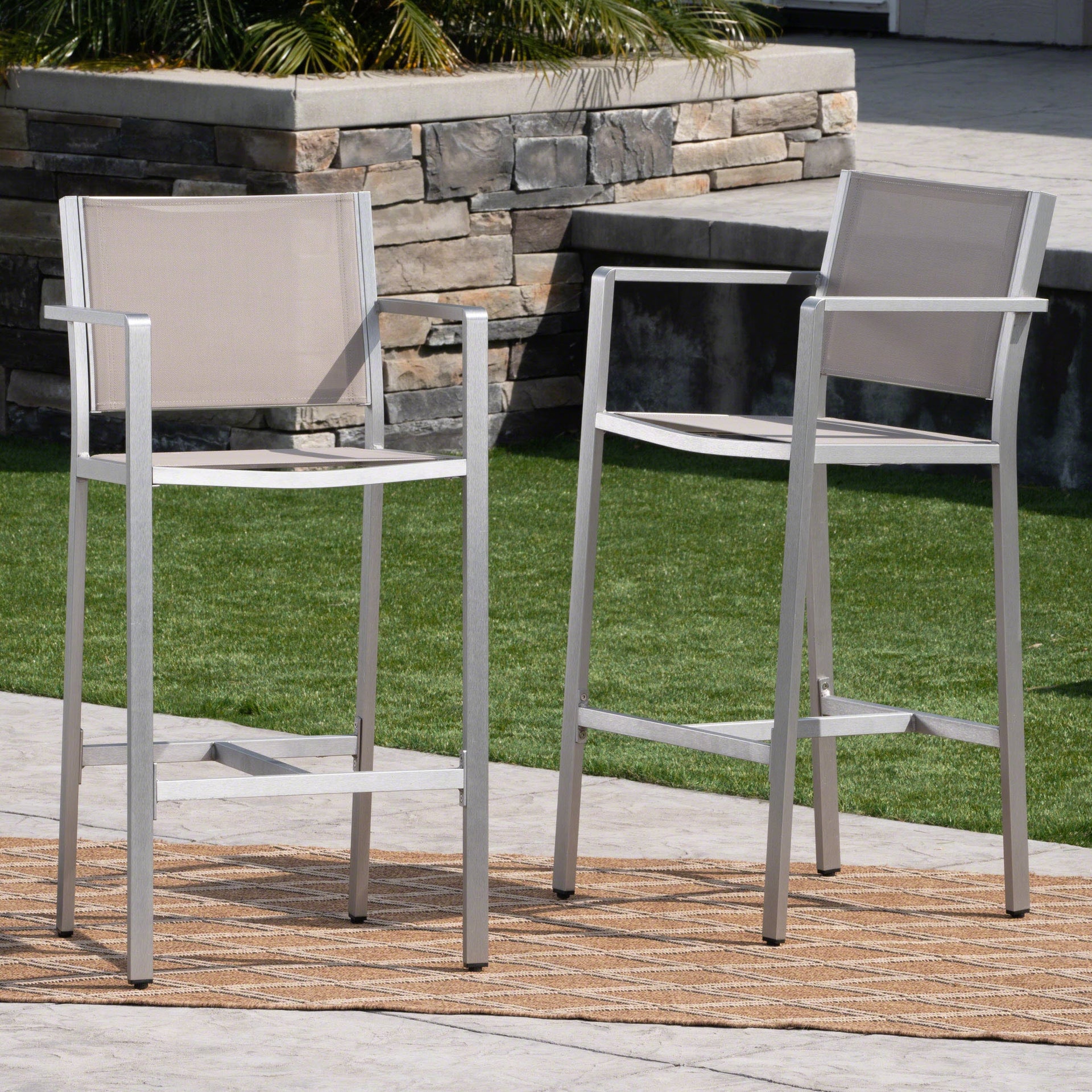29.5' Outdoor Rust-Proof Aluminum Barstools with Grey Mesh Backrest and Seat, Set of 2