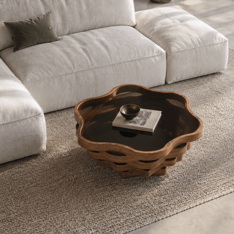 Modern Walnut Cloud Coffee Table with Tinted Glass Top & Sculptural Base