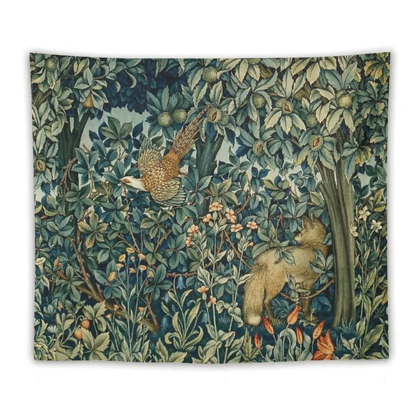 GREENERY, FOREST ANIMALS Pheasant And Fox Blue Green Floral Tapestry Tapestry