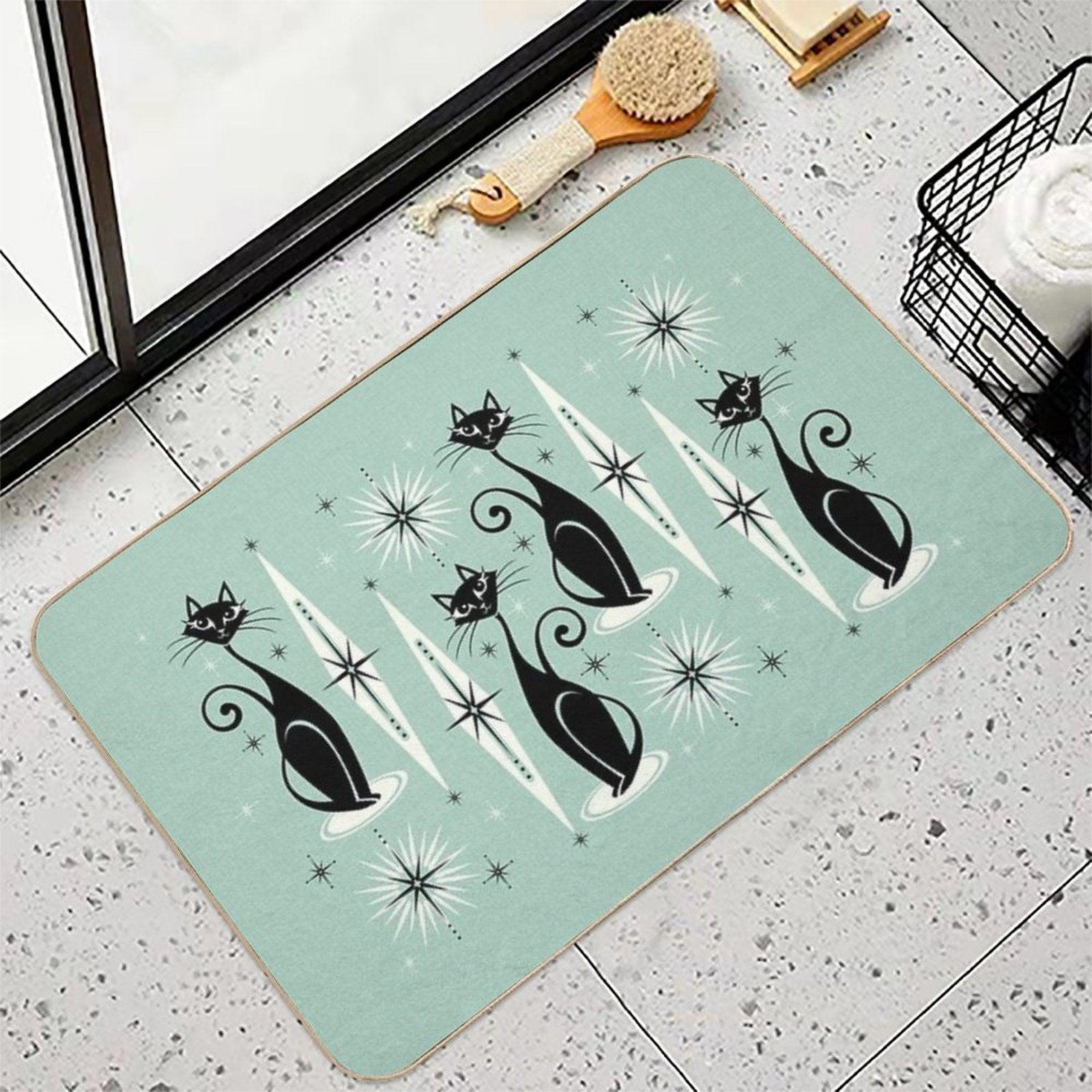 Mid Century Meow Retro Atomic Cats on Vintage Mint ©studioxtine Bath Mat
