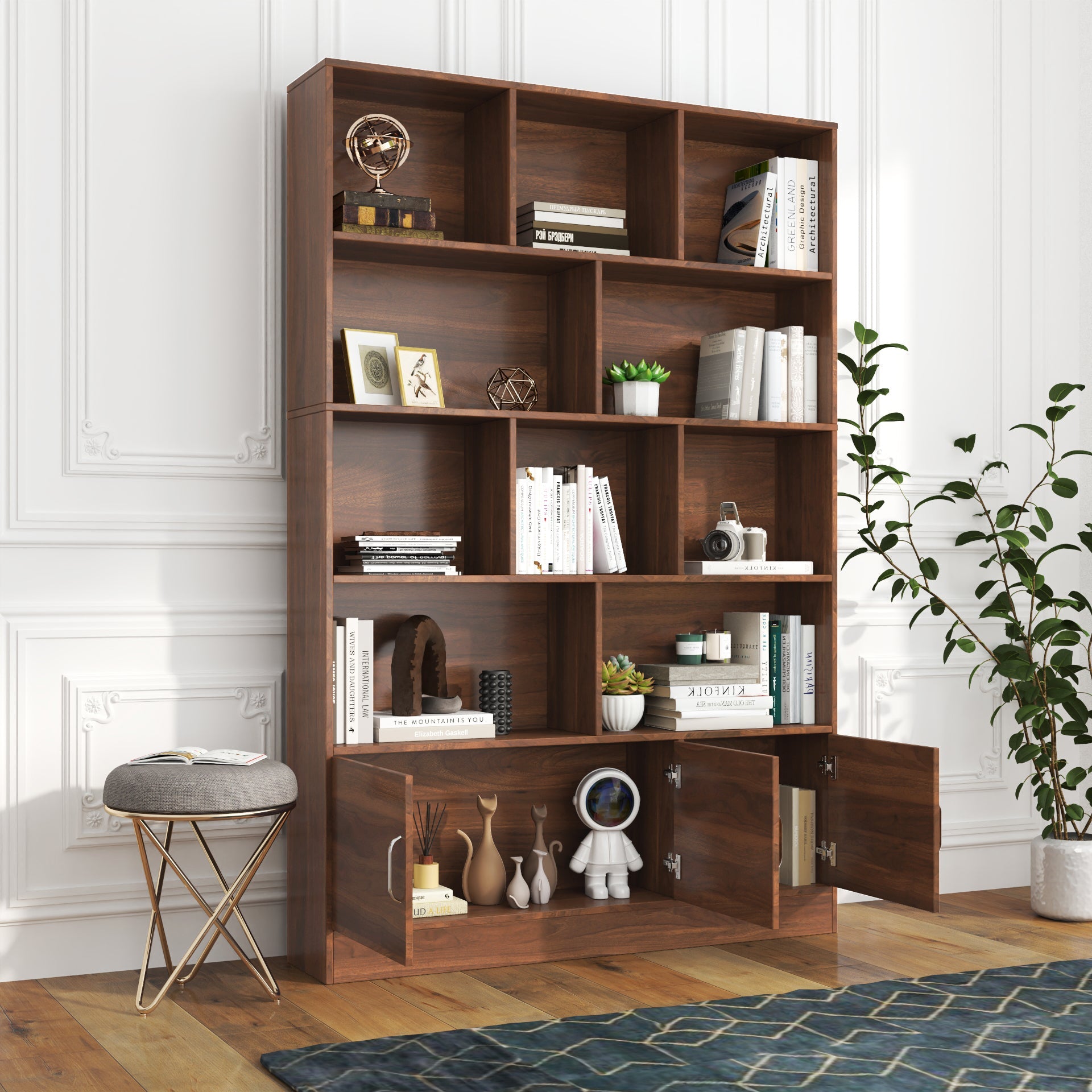 70.87' Tall Bookshelf with 10 Cubes and 3 Doors, 4-Tier Bookshelf, Open Shelf Bookcase with Cabinet, Modern Cube Storage Organizer for Living Room, and Office