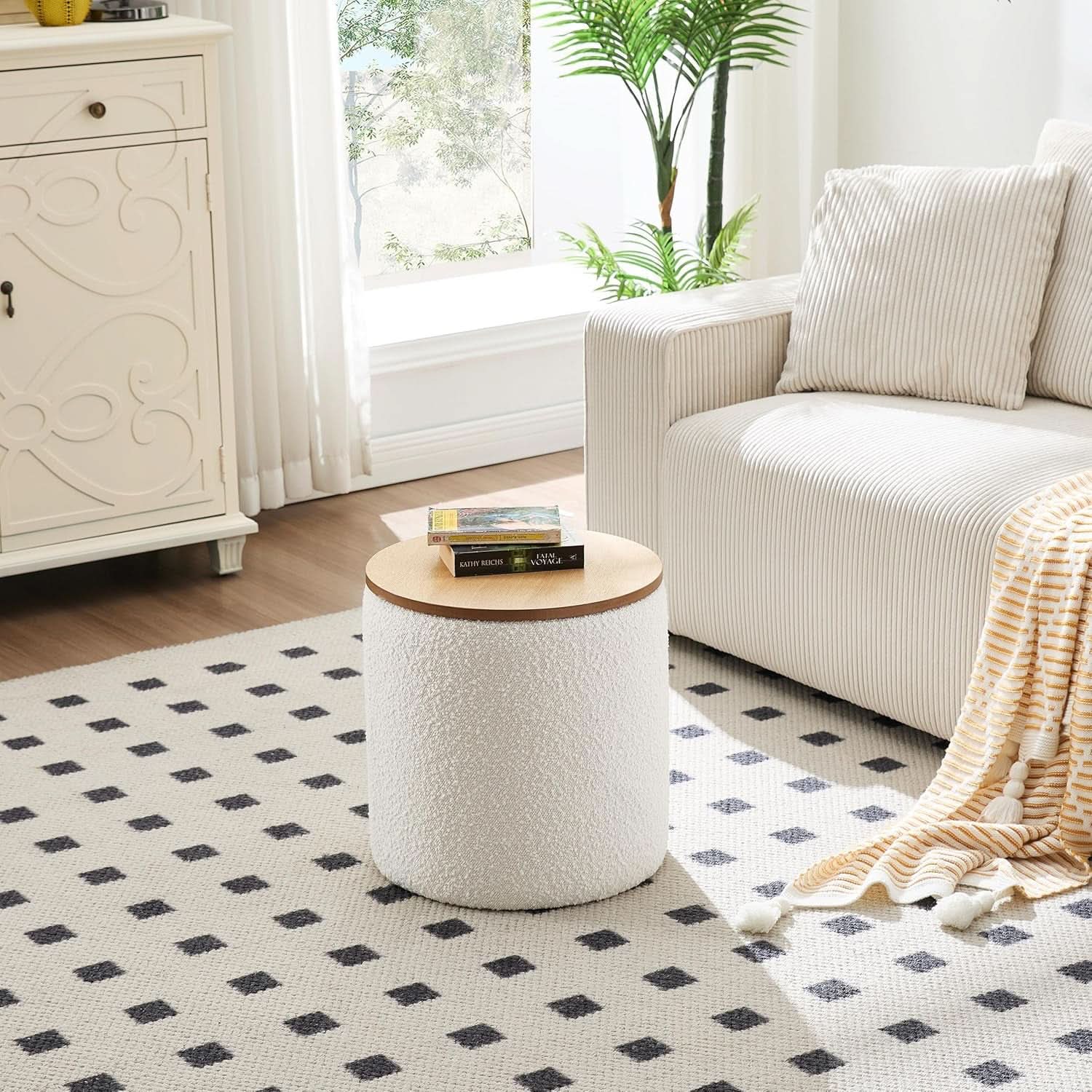 Circular Storage Ottoman Sixteen Inch White Boucle