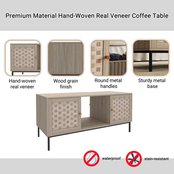 Elegant Veener Weaving Design Coffee Table with 4 Sliding Door BLAKHOM