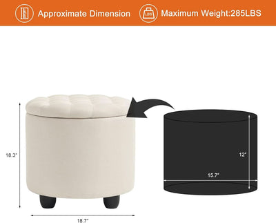 Beige Round Storage Ottoman Featuring Removable Lid