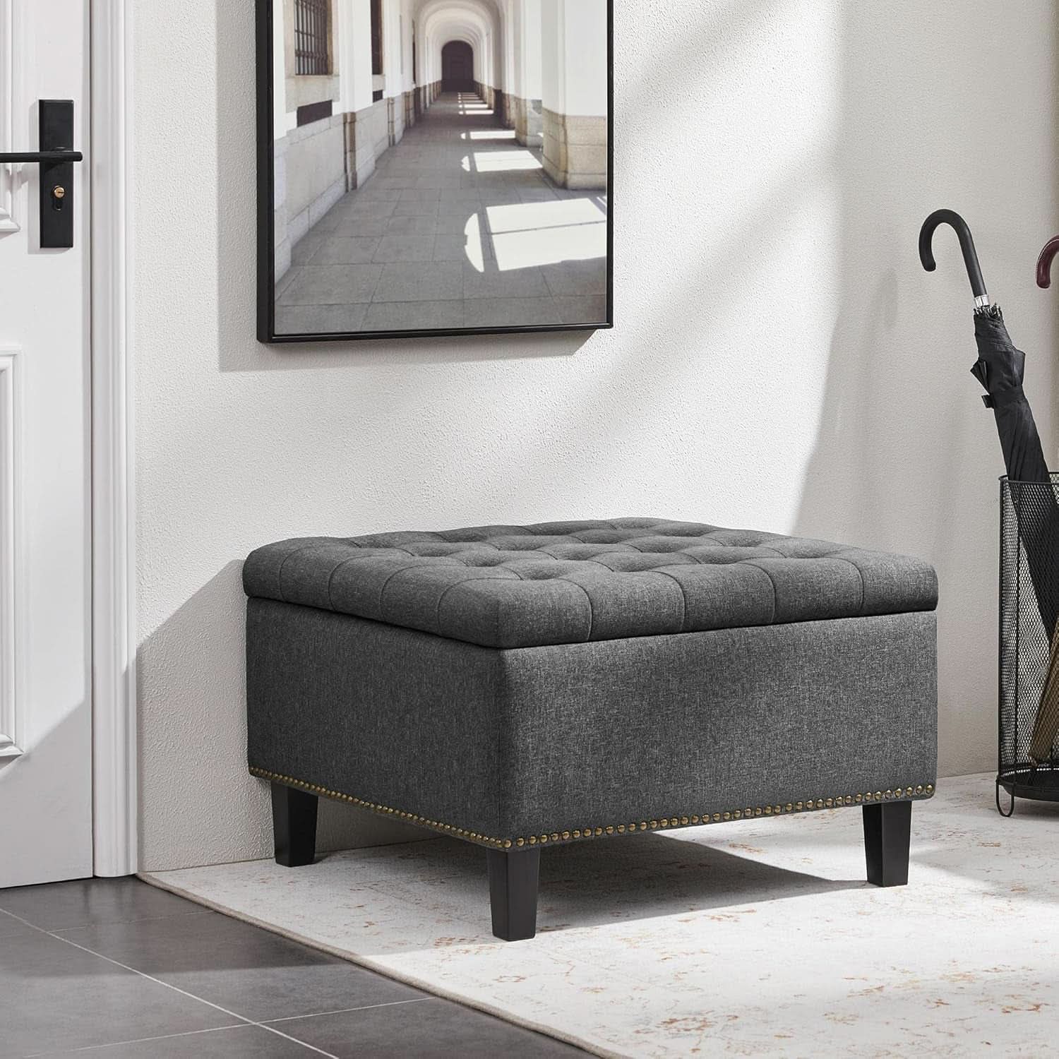 28 Inch Entryway Ottoman Bench Charcoal With Storage