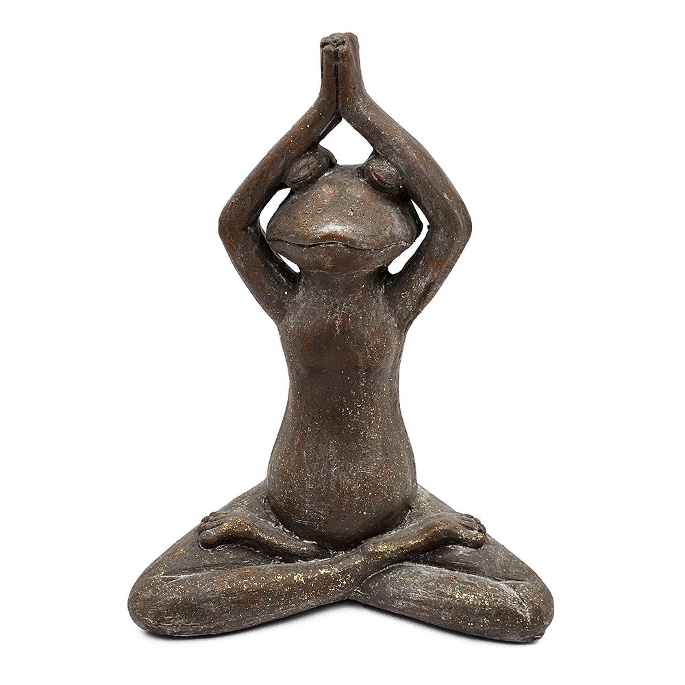 11.5x6.5x15' Brown Magnesium Yoga Frog Figurine in Namaste Pose with Gold Accents