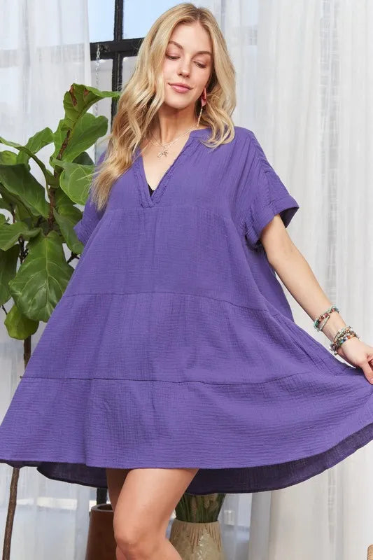 New Summer Tiered Notched Short Sleeve Dress For Women – Versatile, Elegant, Chic, Stylish, Comfortable & Fashionable