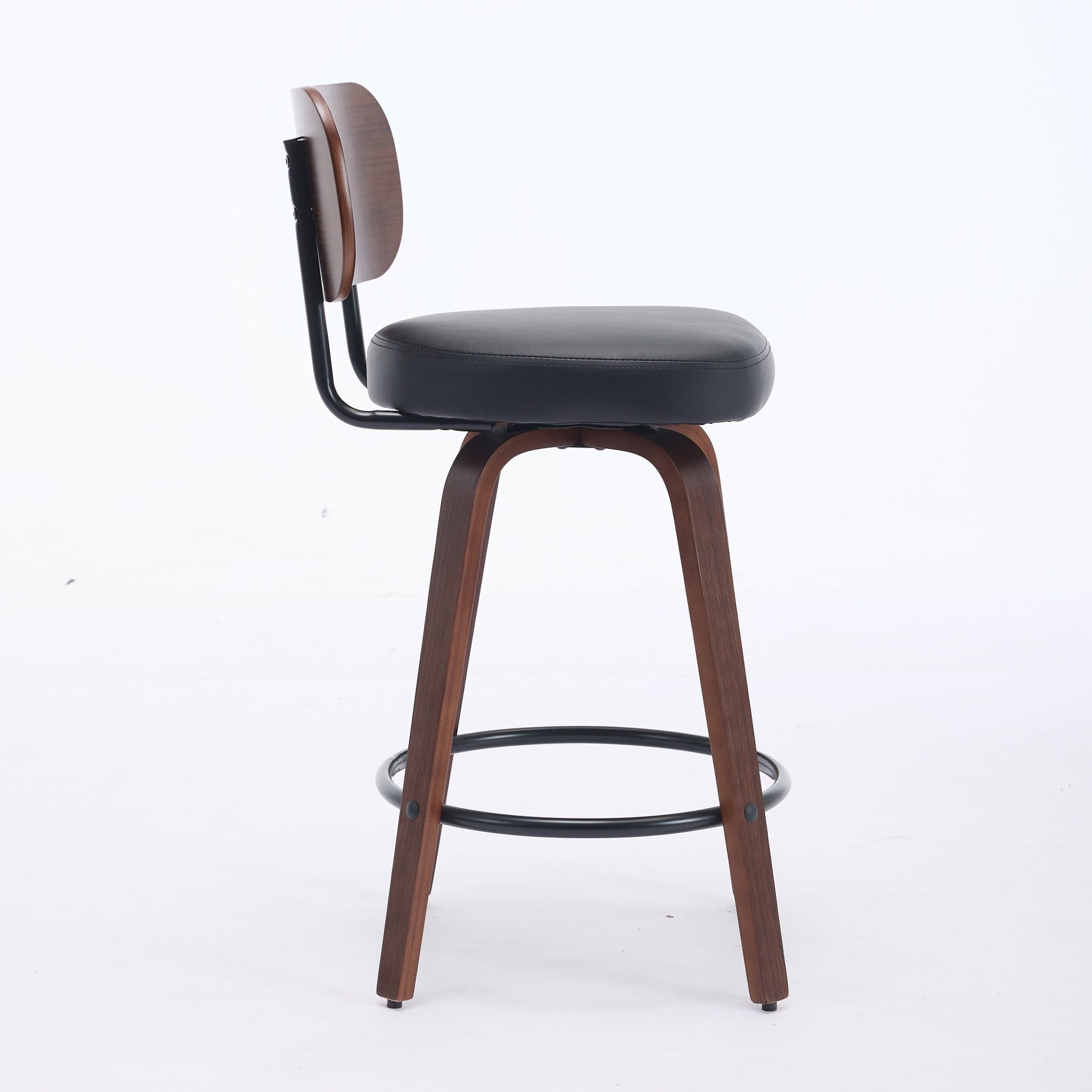 Black PU Leather and Walnut Bentwood Swivel Bar Stool Set