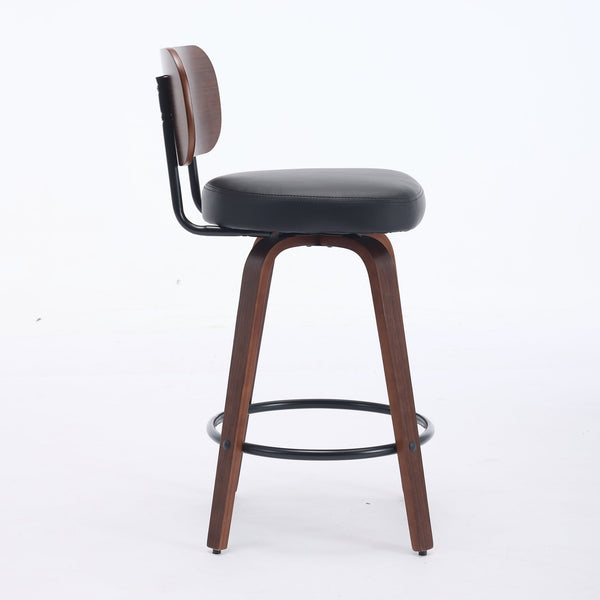 Black PU Leather and Walnut Bentwood Swivel Bar Stool Set