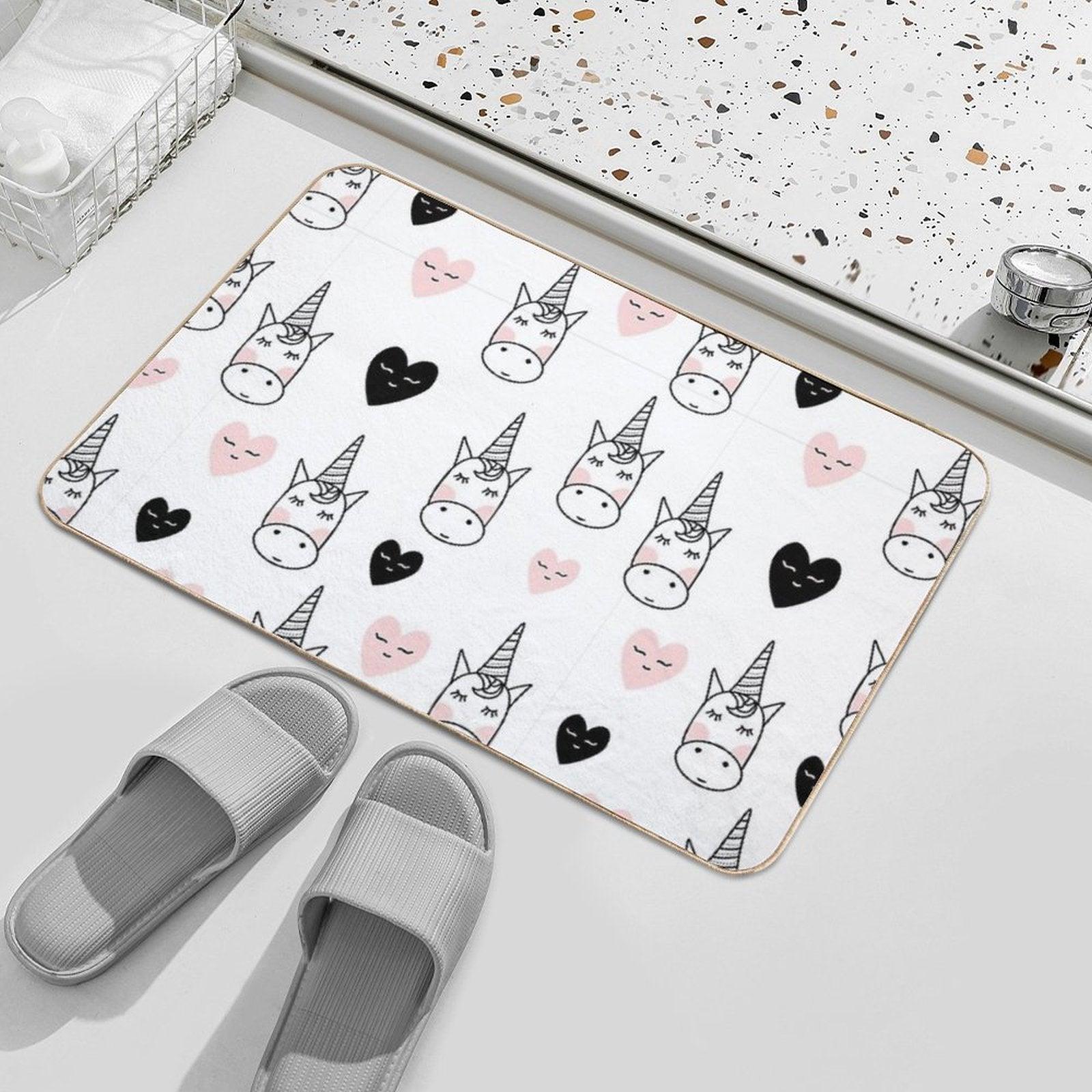 Lovely Unicorns And Hearts - Pink, Black, Grey  Gray Bath Mat
