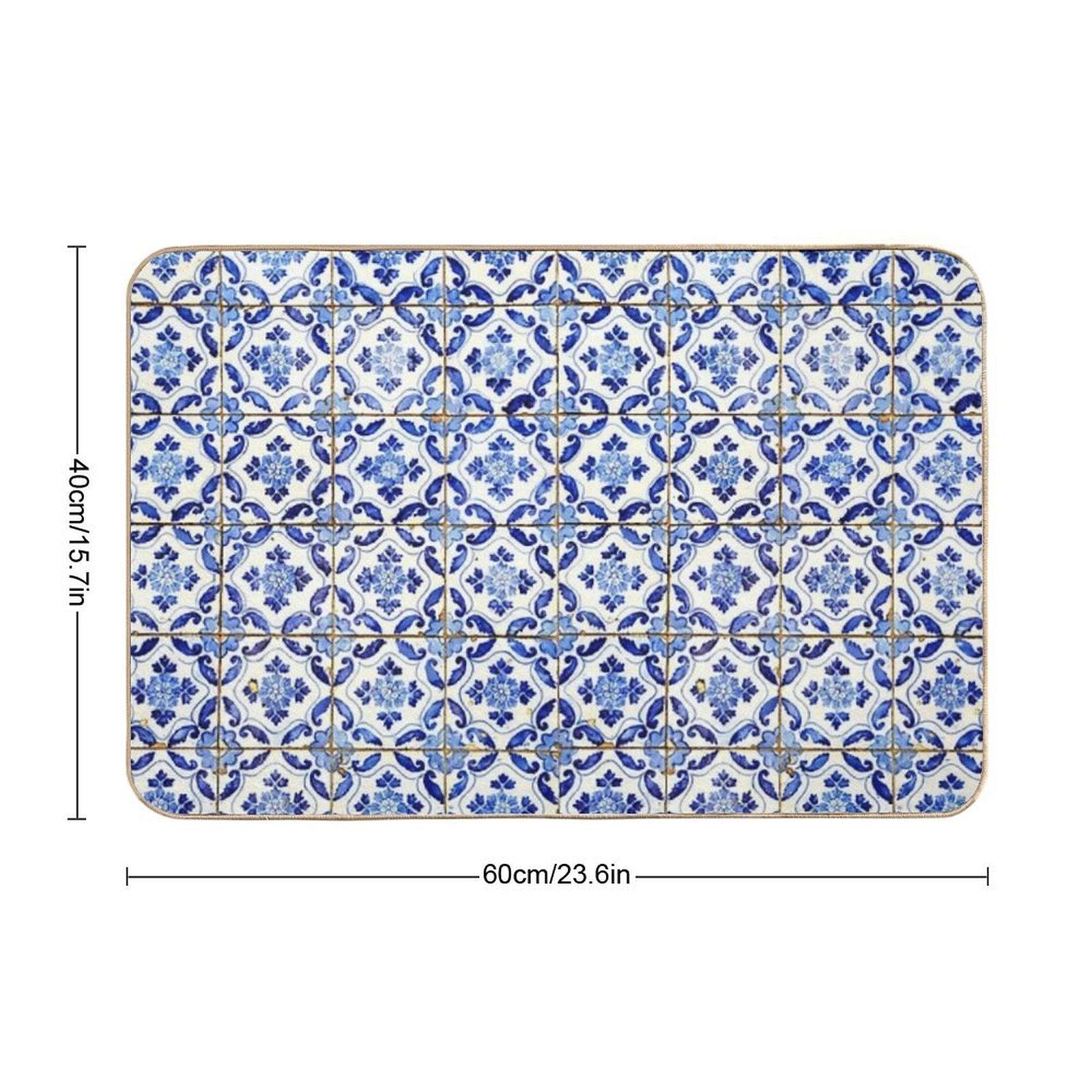 Portuguese Tiles. Blue Flowers And Leaves Bath Mat