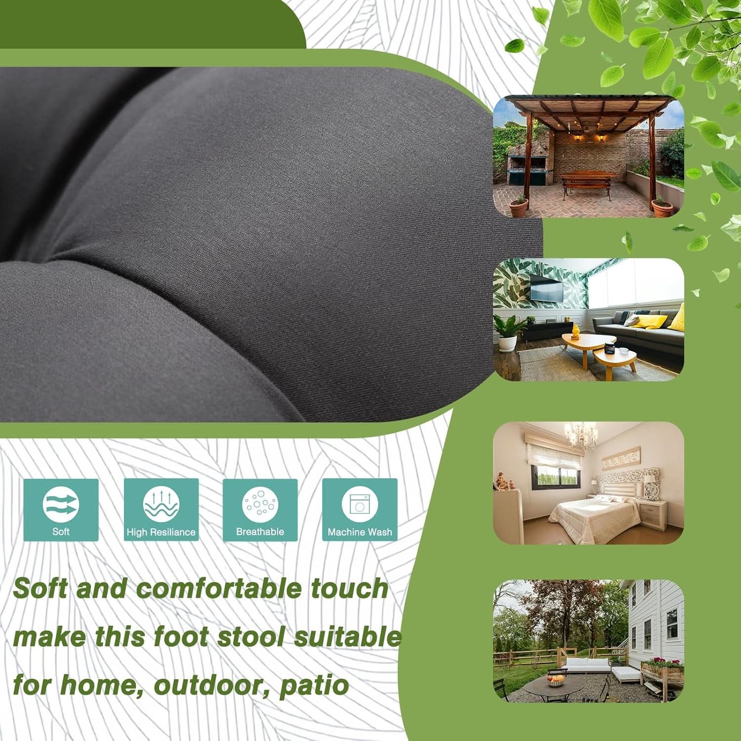 15 Inch Foldable Foot Stool Ottoman Charcoal Gray Washable