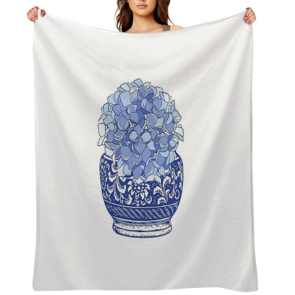 Blue And White Vase with Blue Hydrangeas Throw Blanket