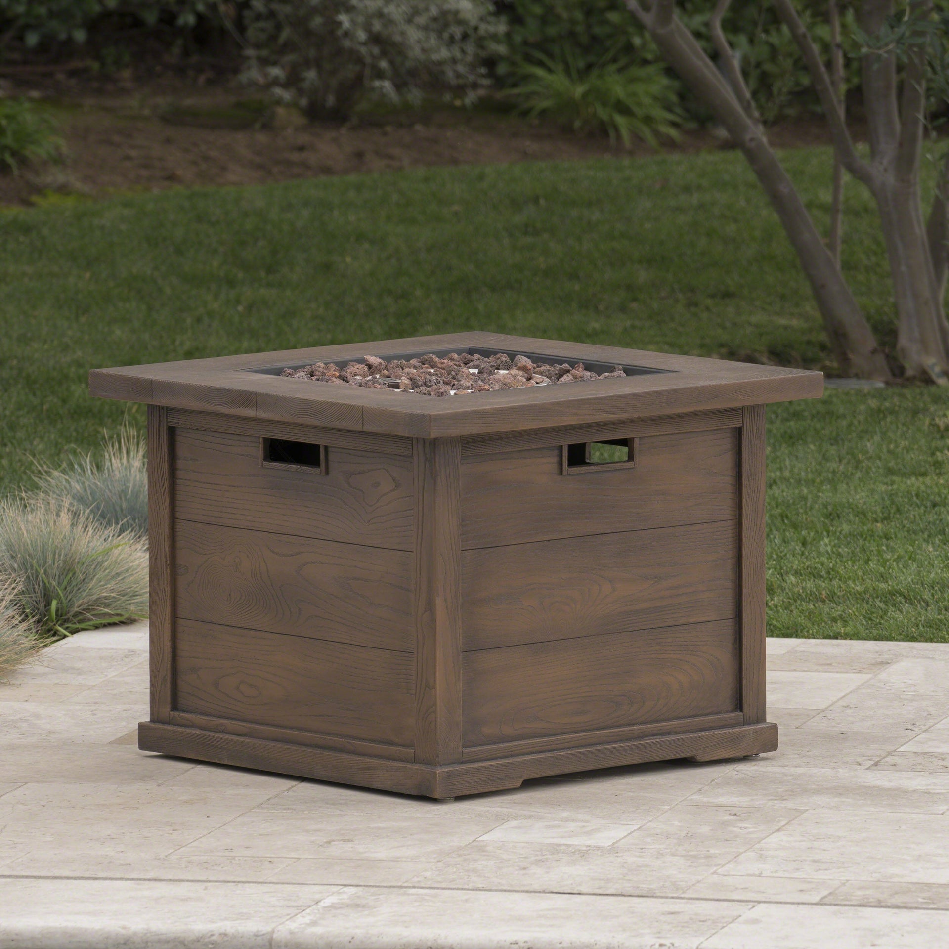 24' H x 32' W Outdoor Patio Square Gas Burning MgO Fire Pit, Tank Inside, 40000 BTU, Brown Wood Pattern