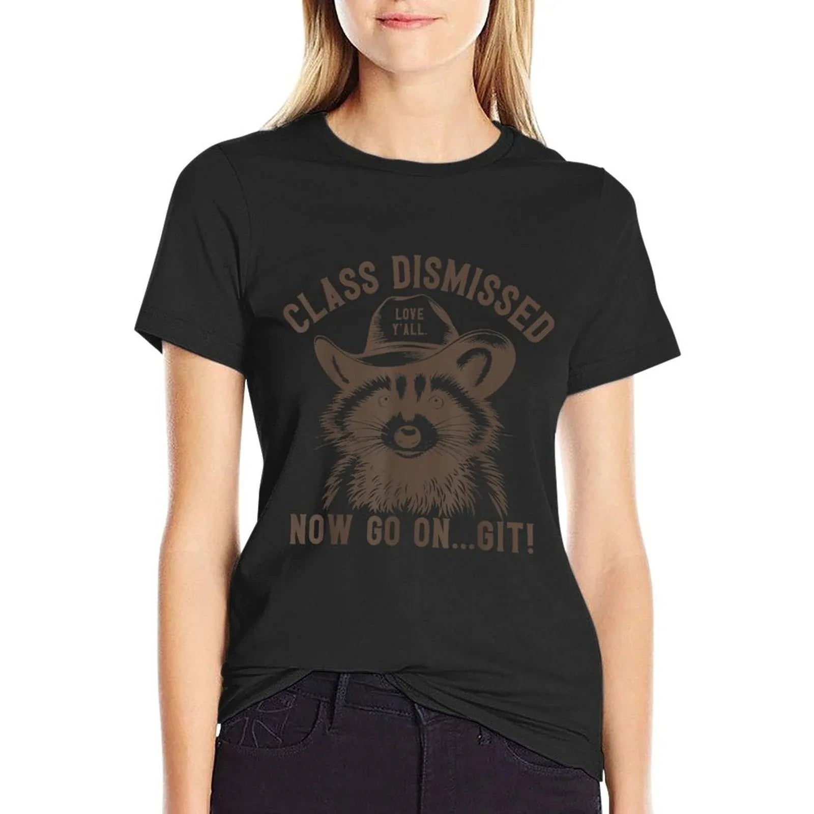 Raccoon Class Dismissed Now Go On Git Fun Last Day of School  Ribbed Collar T-Shirt