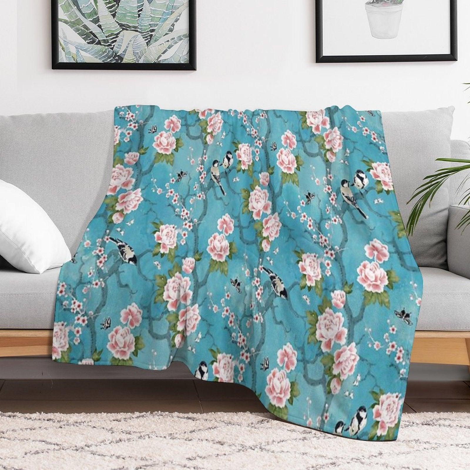 Chinoiserie Birds in Turquoise Blue Throw Blanket