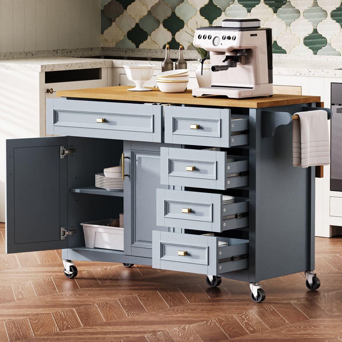 K&K 52'' Kitchen Island with Drop Leaf, Embossed Texture Kitchen Island on Wheels with Spice Rack, Towel Rack, 2 Doors and 5 Drawers, Kitchen Storage Cart with Adjustable Shelf for Kitchen, Blue Grey