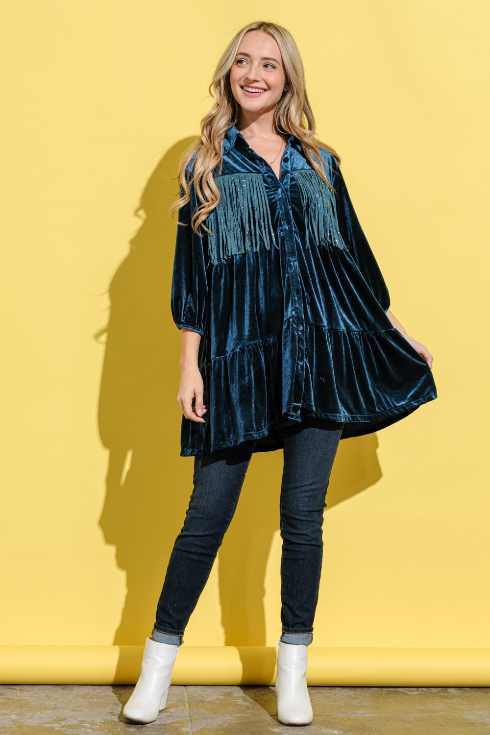 Fringe Detailed Velvet Shirt Dress – Velvet Shirt Dress, Fringe Detail Dress, Luxurious Shirt Dress, Elegant Velvet Dress, Playful Fringe Dress
