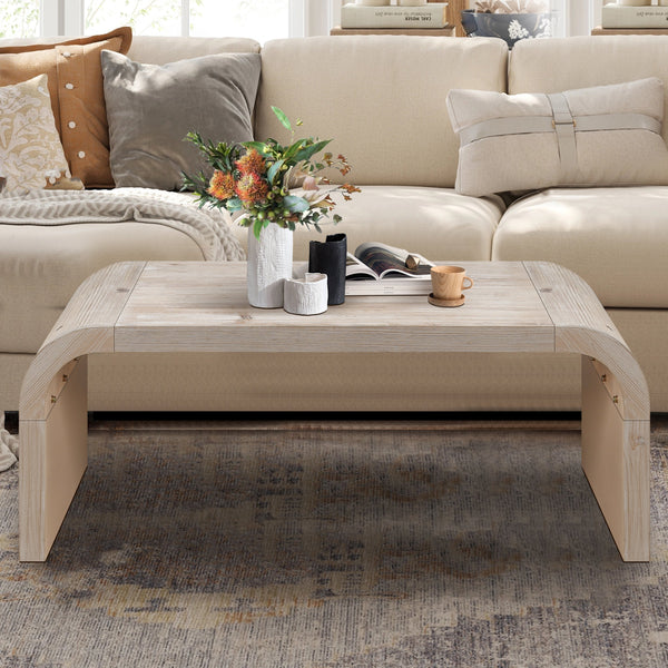 Farmhouse Vintage Crafts Coffee Table,Curved Art Deco Design, Easy Assembly, 48' W x 24' D x 18'(Natural Wood Washed)