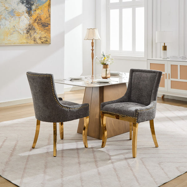 Chenille Dining Chairs Modern Style with Curved Gold-Plated Legs & Rivet Trim