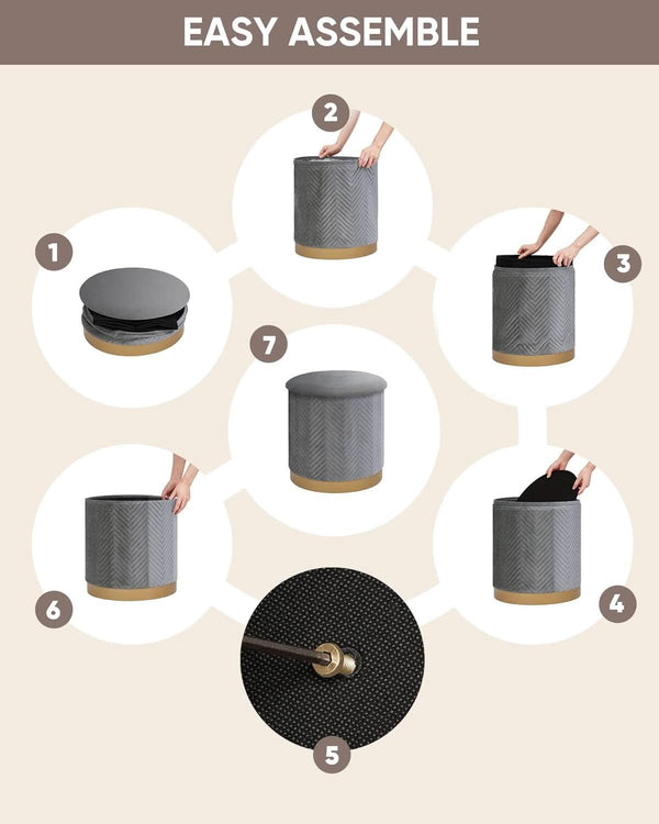 Grey Velvet Circular Storage Ottoman Golden Accents