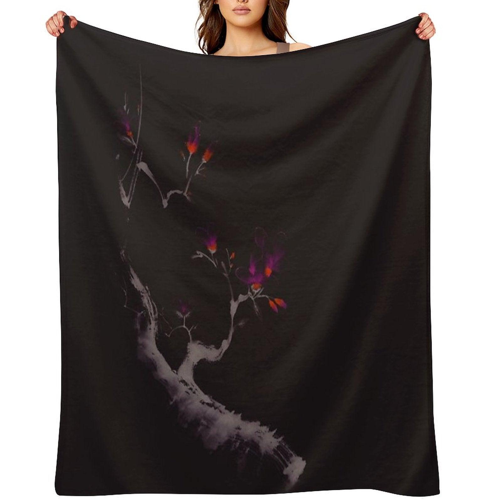 Enchanting Oriental Artwork of A Budding Sakura Branch with Deep Violet Flowers Art Print Throw Blanket