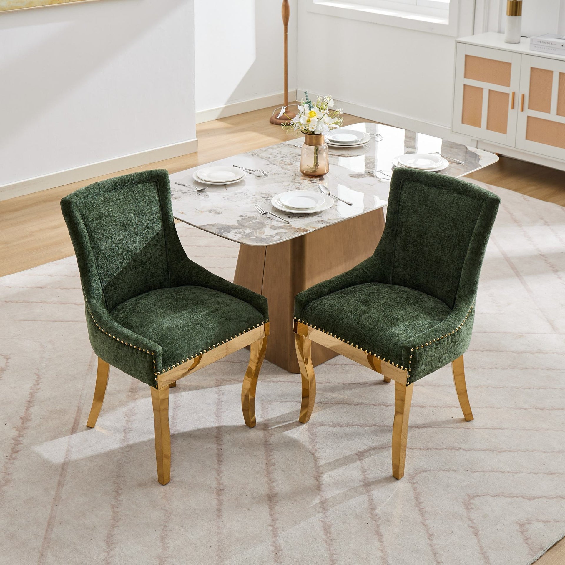Chenille Dining Chairs Modern Style with Curved Gold-Plated Legs & Rivet Trim