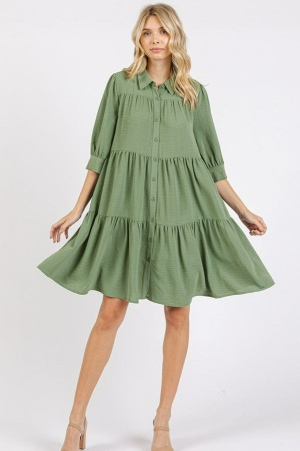 Button Detail Collared Neck Tiered Shirt Dress – Elegant Buttoned Shirt Dress with Tiered Design and Classic Collar