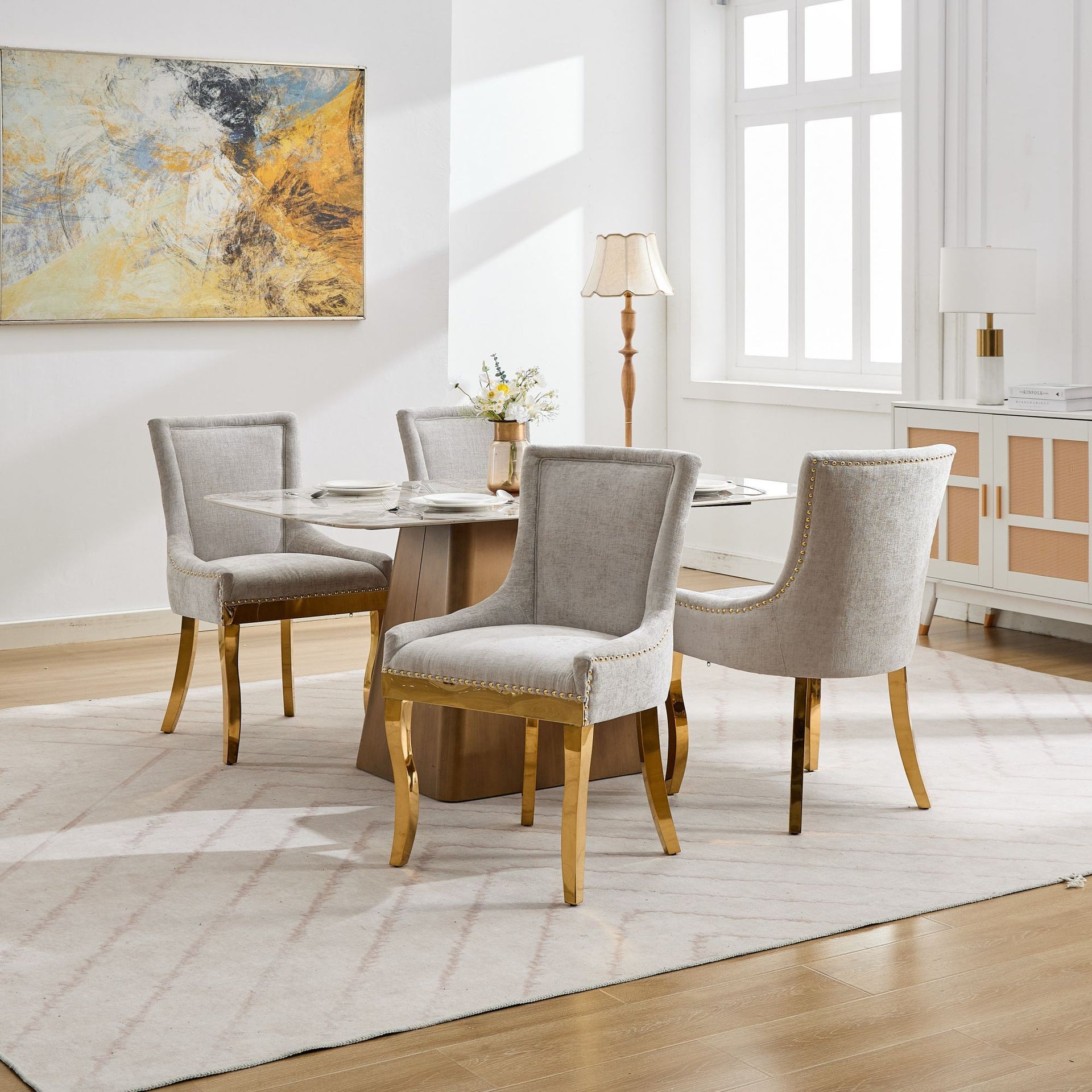 Chenille Dining Chairs Modern Style with Curved Gold-Plated Legs & Rivet Trim