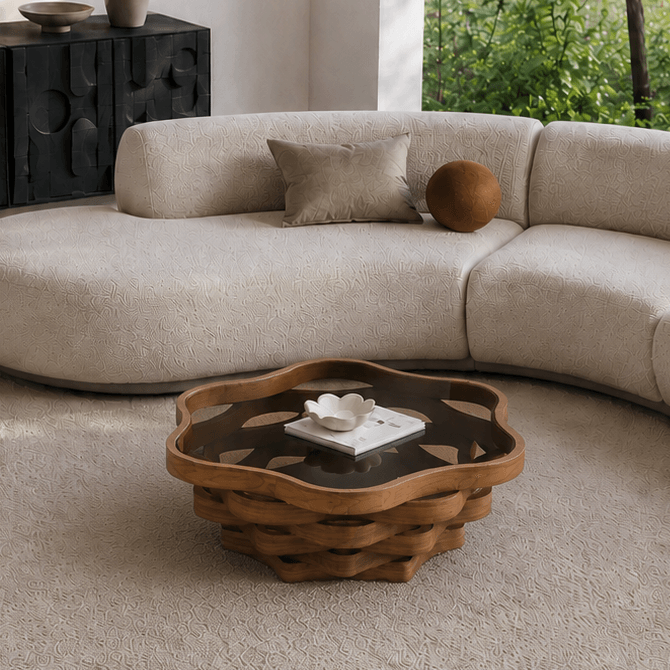 Modern Walnut Cloud Coffee Table with Tinted Glass Top & Sculptural Base