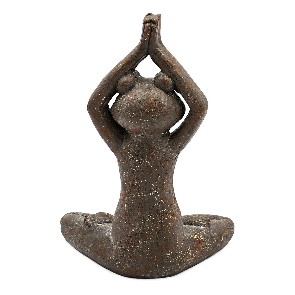 11.5x6.5x15' Brown Magnesium Yoga Frog Figurine in Namaste Pose with Gold Accents
