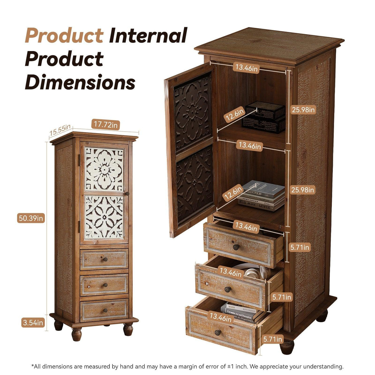 Rustic Wooden Storage Cabinet with Decorative Cutout Door & 3 Drawers