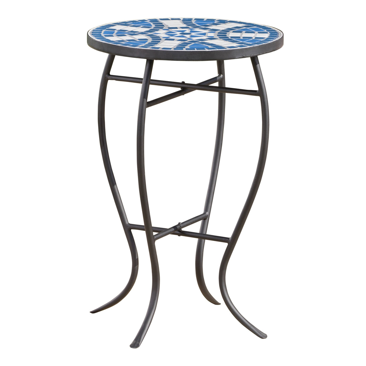 Outdoor Round Side Table with Mosaic-Style Top and Curved Iron Legs